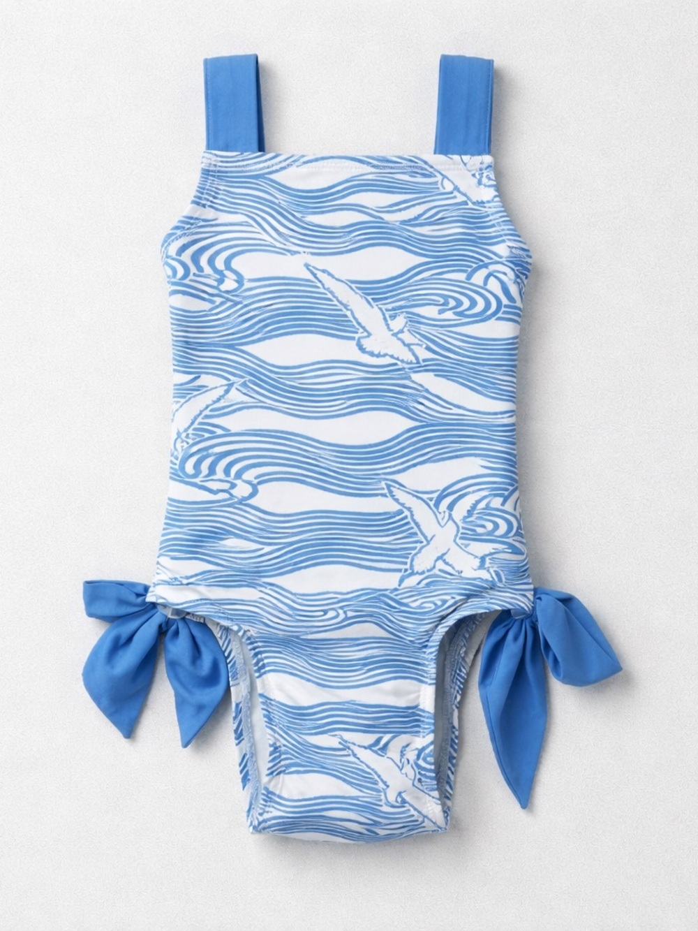 The Beaufort Bonnet Company Blue and white wave seagull print one-piece swimsuit
